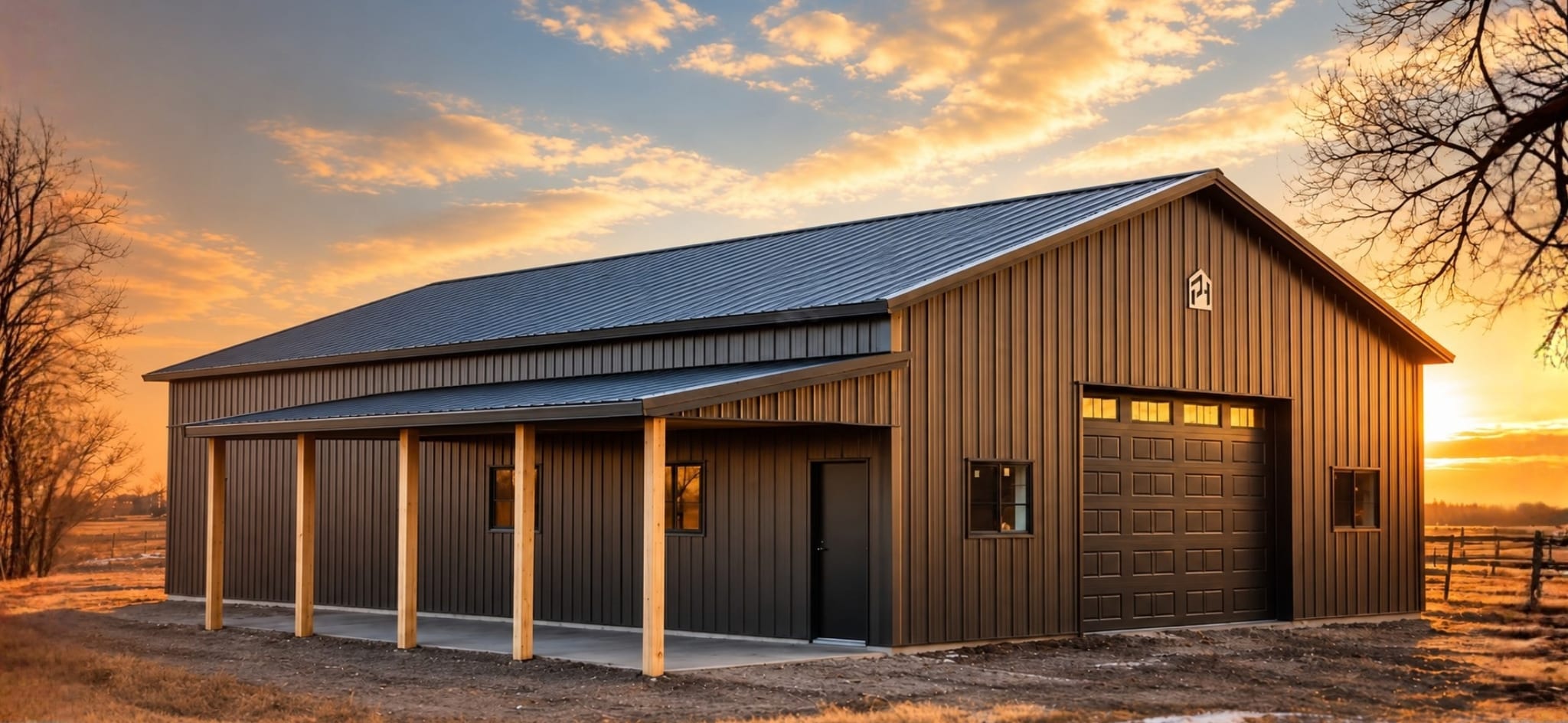 Wide view of a bronze post-frame building with lean-to porch at sunset—cool sky at left, warm golden horizon—Nebraska.