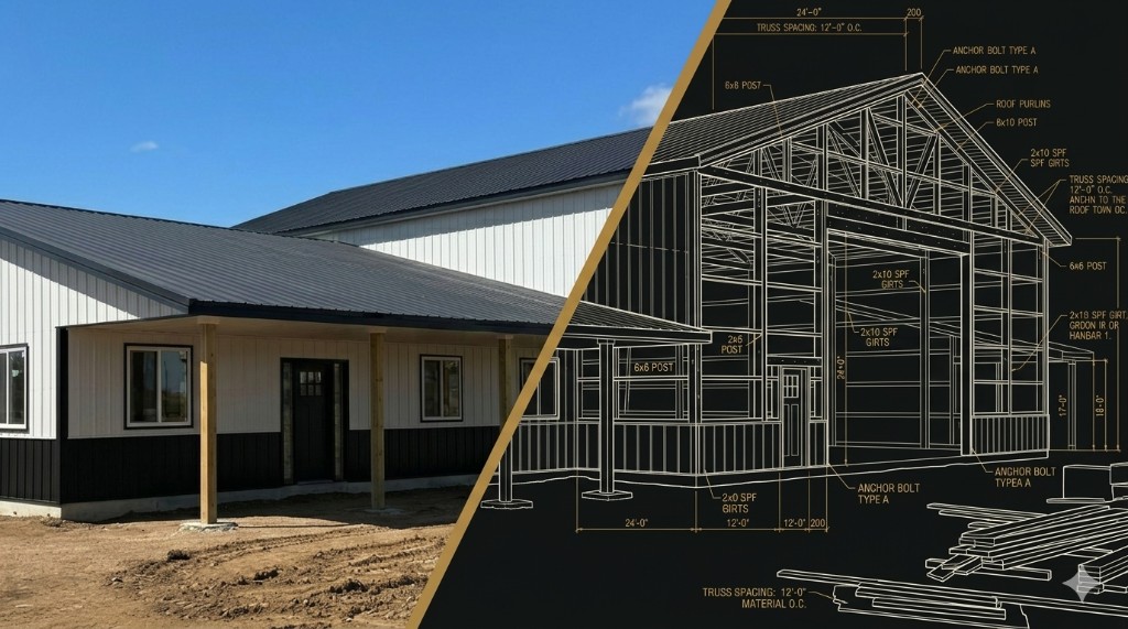Finished post-frame metal building beside a structural line drawing—planning through to the built shell.